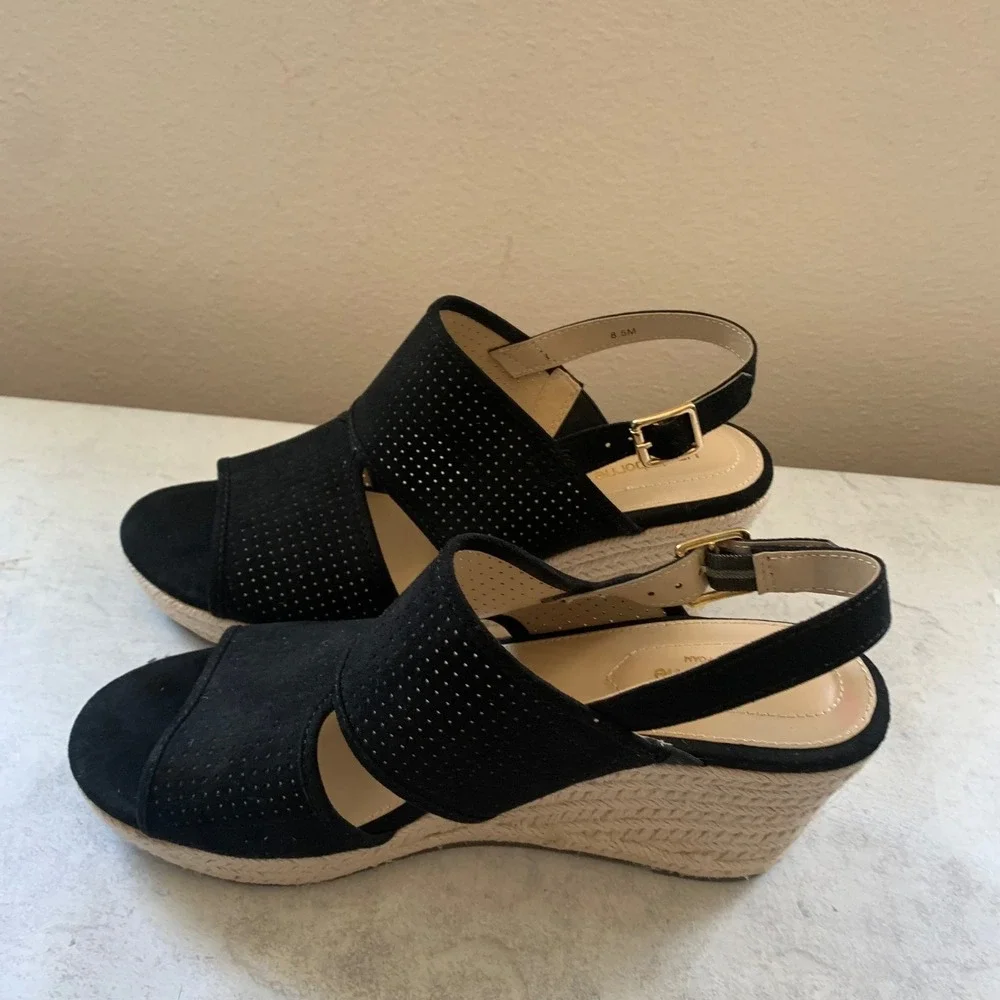 Liz Claiborne 8.5 Wedge Sandals Black LC Hatcher Perforated Espadrille Slingback